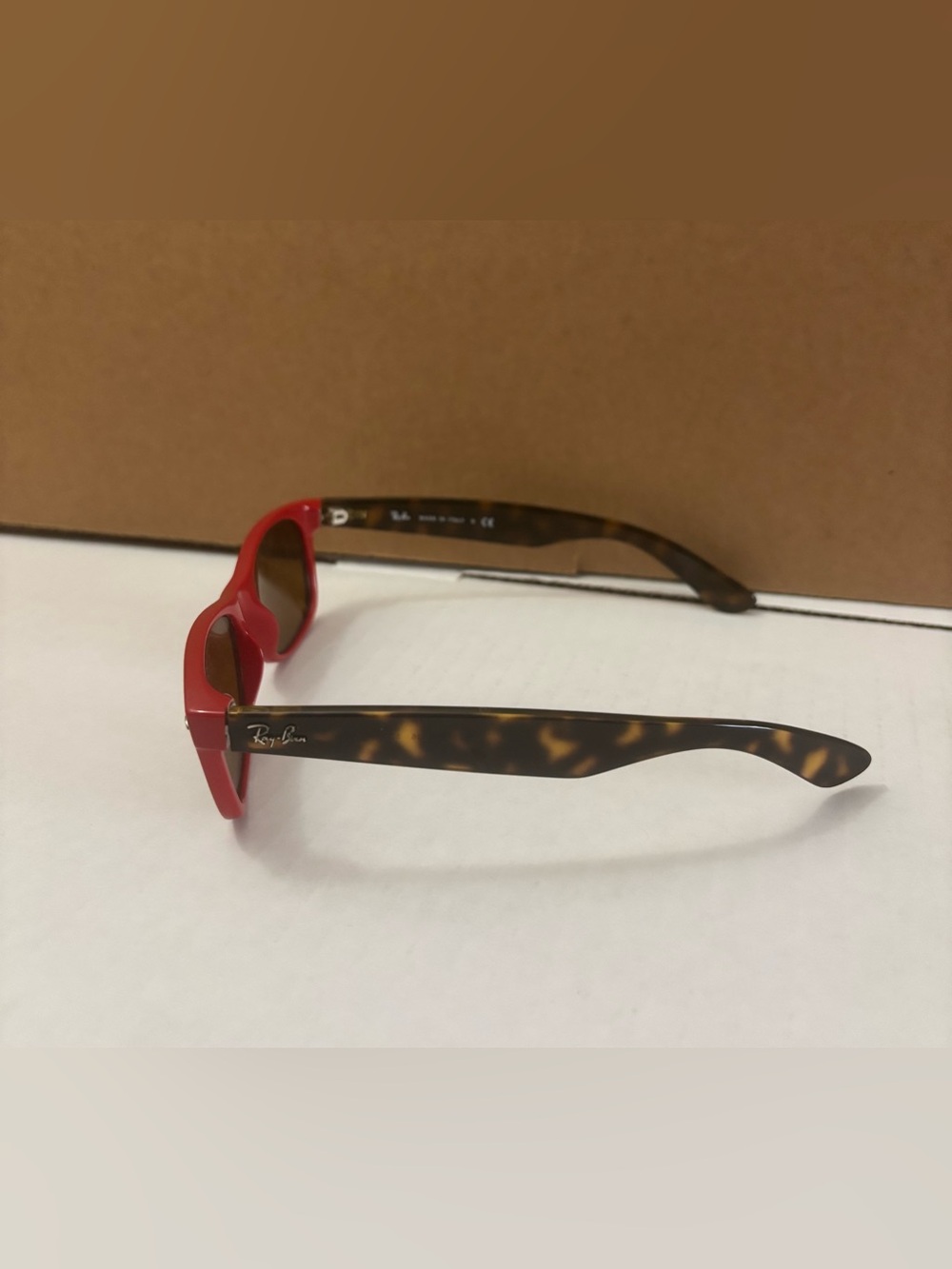 Ray-Ban RB2132 New Wayfarer 726 Sunglasses Standard Fit Red Dark Havana / Brown
